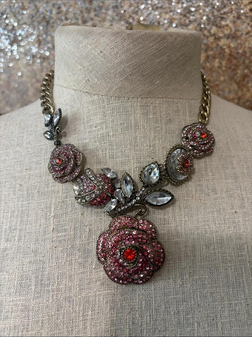 Betsey Johnson Pink Rhinestone Rose Statement Necklace Brass Tone Floral - Picture 10 of 10